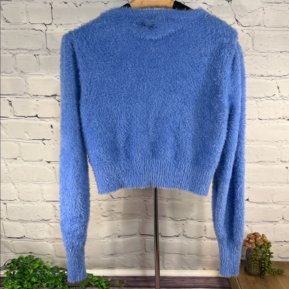 Freshman 1996 Soft and Fluffy Periwinkle Blue Women's Cardigan Crop Puff Sleeve - Picture 2 of 11